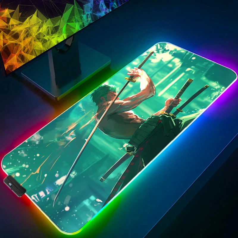 ONE PIECE Zoro Mouse Pad RGB Gaming Accessories Gabinete Gamer PC Computer Desk Mat Backlight Keyboard Tablet Anime Mousepad LED