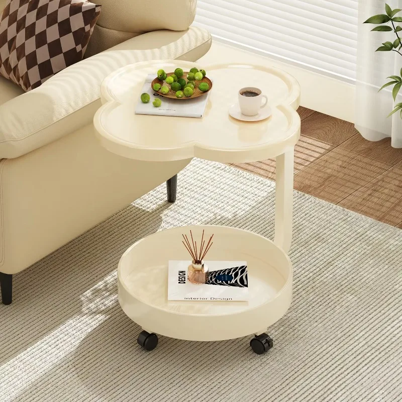 Mesa auxiliar de sofá móvil de estilo crema moderno, mesa de centro con ruedas, estante de almacenamiento, mesita de noche de plástico pequeña para balcón