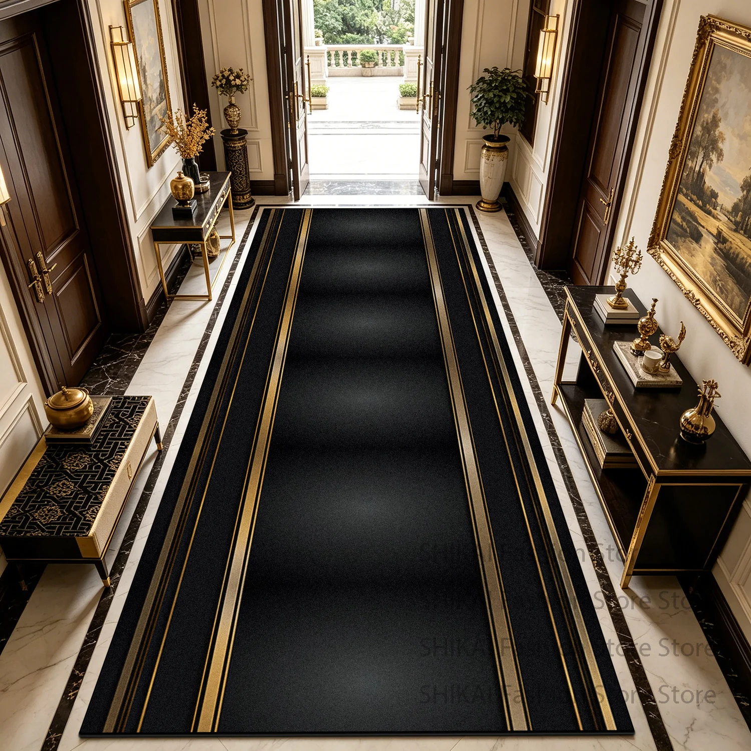 

Черно-золотой роскошный длинный ковер-дорожка для декора, для дверных проемов и лестниц, нескользящий, легко чистится, без ворса, для длинных коридоров