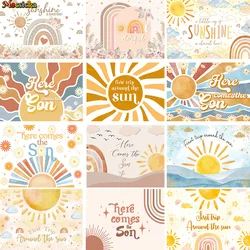 Boho Rainbow Sunshine Backdrop for Boy Girl Baby Shower 1st Birthday Party Background Here Comes the Son Banner Sun Decor Photo