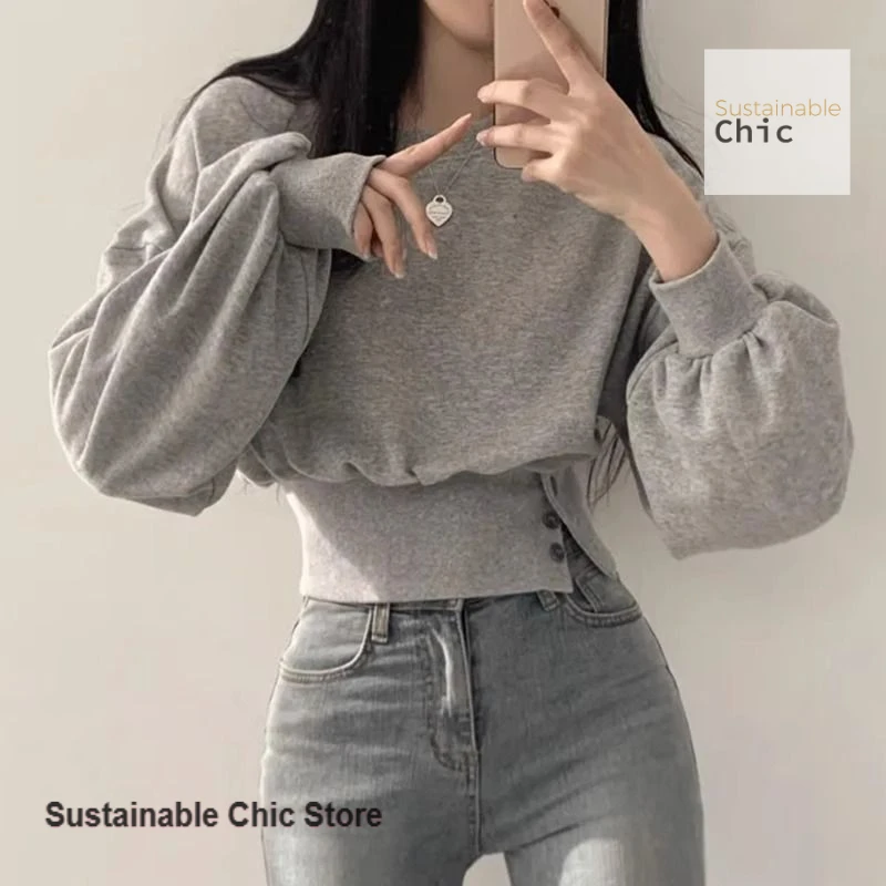

Korean-style fashion design sense round neck button waist slim long-sleeved top women's autumn and winter short pullover sweater