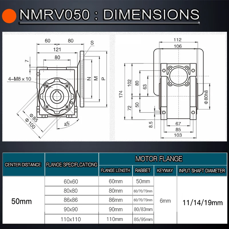 Servo Motor nmrv050 Gearbox Worm Gear Reducer Ratio 5 to 100: 1 Input Shaft 11/14/19mm Input Holes 25mm Stepper Motor Reducer