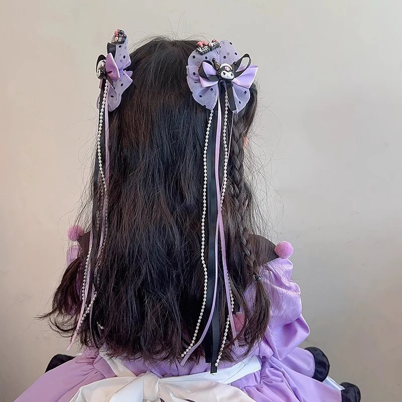 1/2PCS Sanrio Kawaii Lolita Kuromi Bow Ribbon Hair Clip Cartoon Anime Tassel Purple Hairpin Hair Accessories Girls Headwear