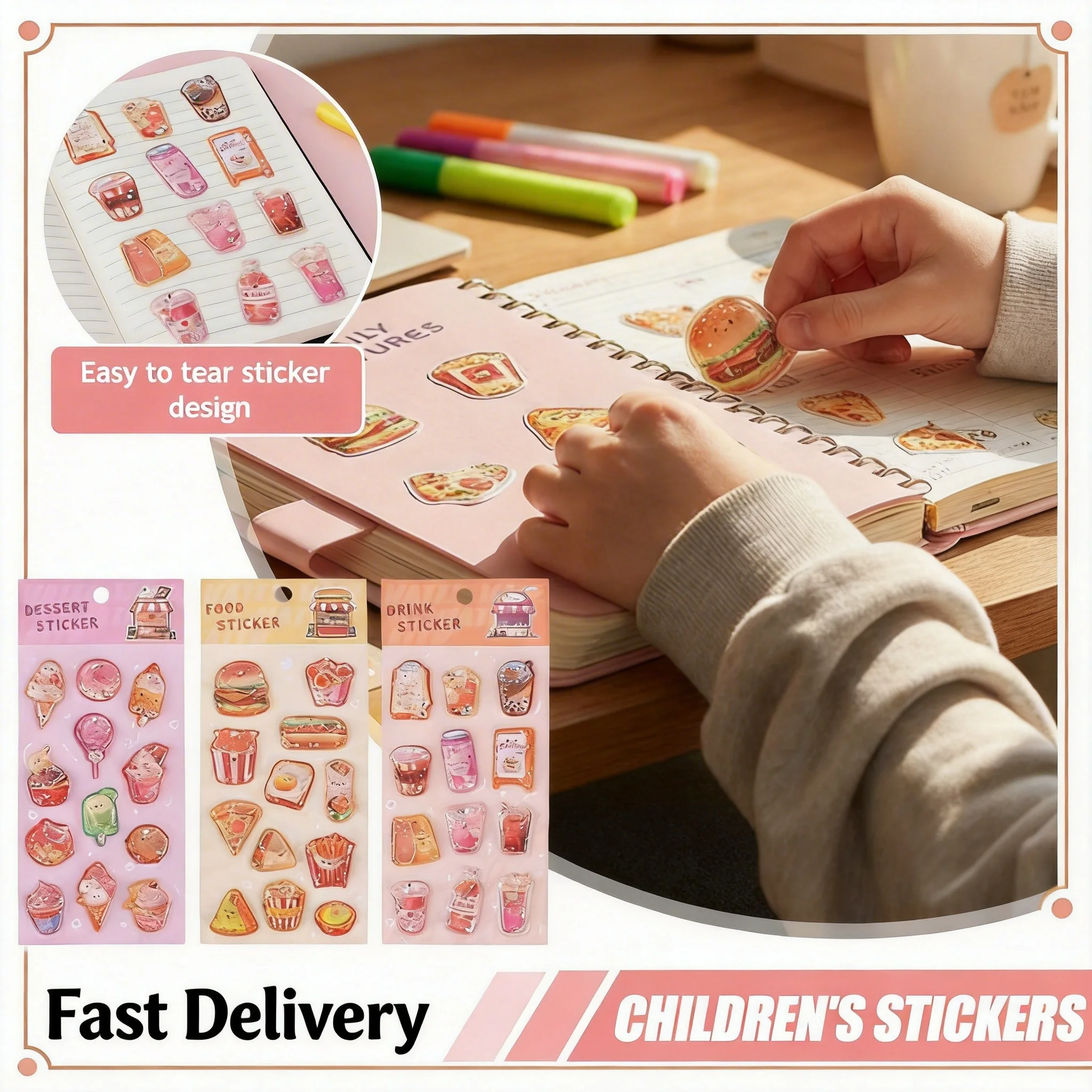 1/3PCS 3D Embossed Crystal Children Stickers, Adorable Assorted Decals Cartoon Mini Hamburger Ice Cream Milk Tea 3D Journal Stic