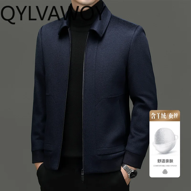 QYLVAWOY High Quality Cahsmere Coat Men Clothing Autumn Winter 80.2% Wool Jackets for Man Casual Business Lapel Woolen Silk Coat