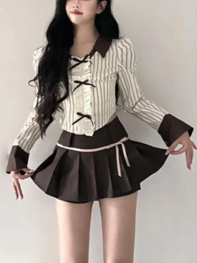 

Autumn Vintage 2 Piece Set Women Bow Striped Elegant Long Sleeve Shirt + Mini Pleated Skirt Female Korean Fashion Y2k Set 2026