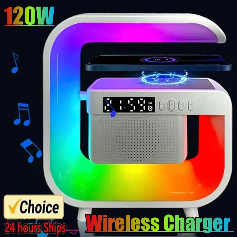 Multifunction Wireless Charger Stand Bluetooth 5.0 Speaker FM TF RGB Night Light Fast Charging Station for iPhone Samsung Xiaomi