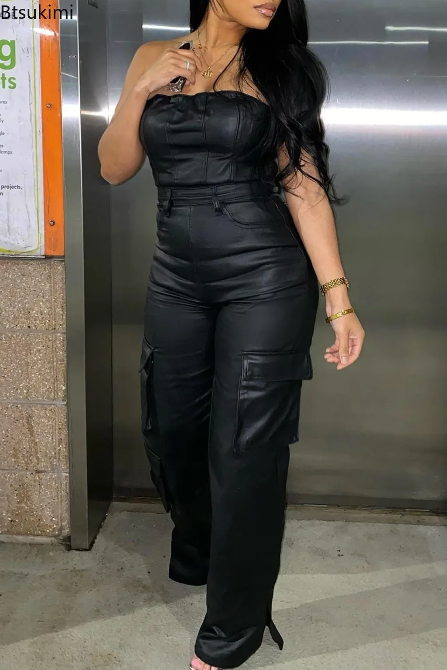 

Сексуальный комбинезон без бретелек с открытыми плечами, женский модный комбинезон из искусственной кожи с высокой талией, повседневный комбинезон для вечеринок и клубов, цельный наряд