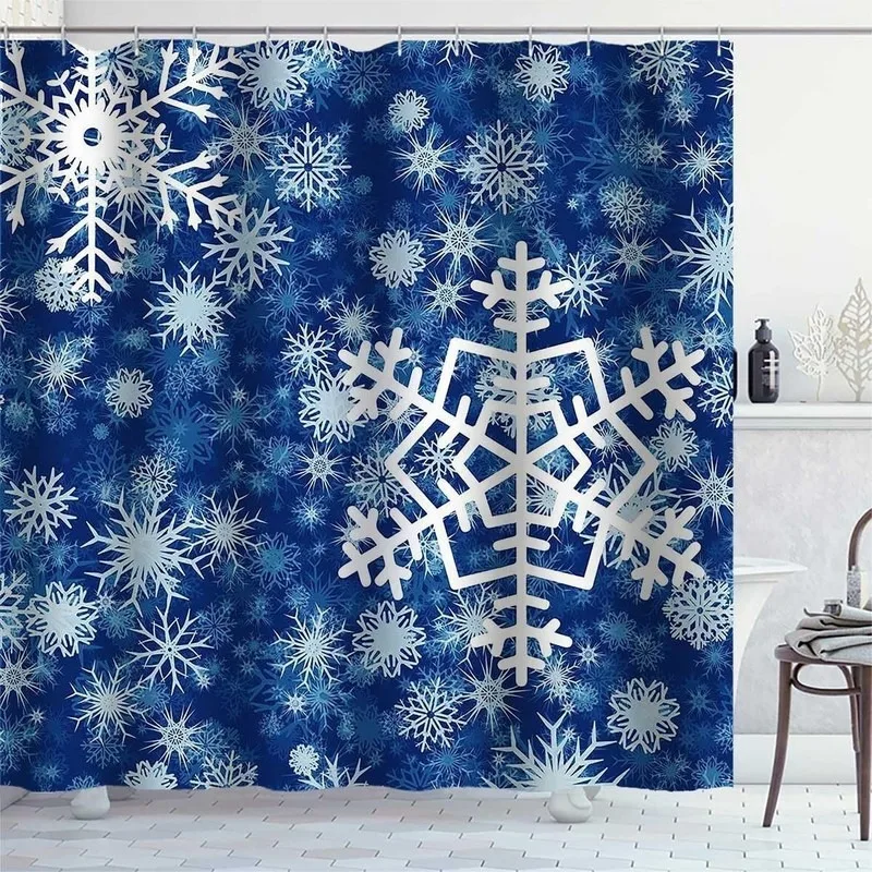 Luxury Navy Blue Shower Curtain with 3D White Snowflake Pattern No Drilling Bathroom Decor Set Includes 12 Hooks
