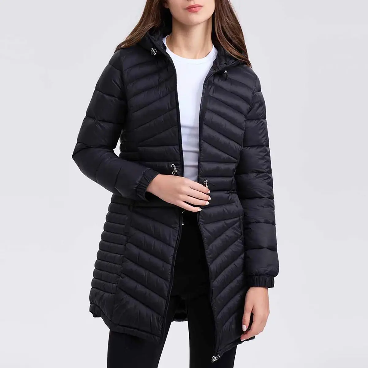 FASHIONSPARK Women\'s Down Parka Feather Coat Lightweight Adjustable Waist Puffer Jacket Water-Resistant Hooded Winter Long Coats