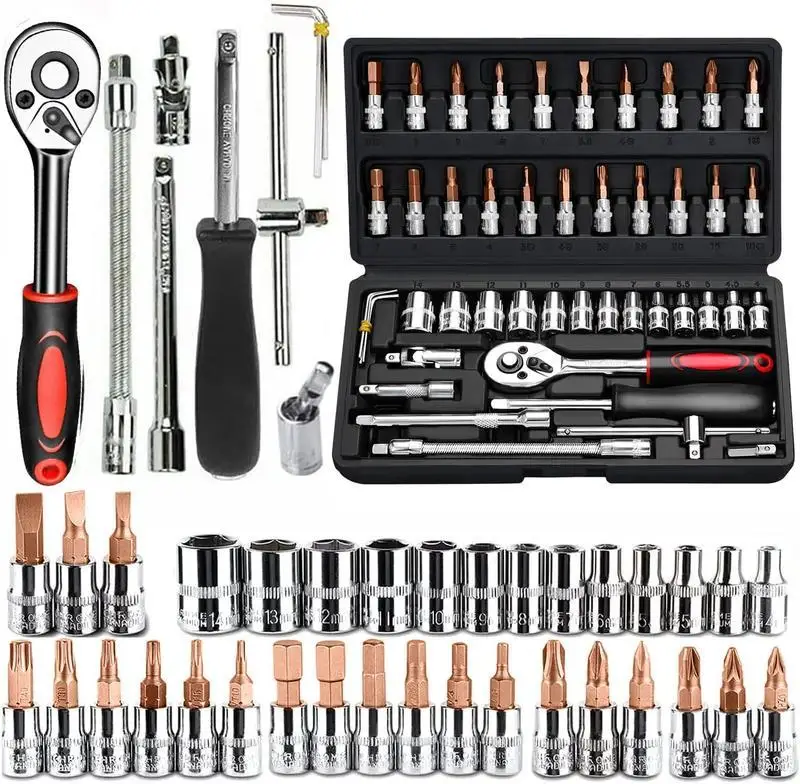 

A set of 46 manual toolboxes, socket and wrench kits for car and mechanical maintenance, durable, including screwdriver heads