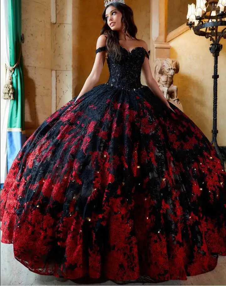 Black Red Gothic Puffy Quinceanera Dresses Off Shoulder Lace Applique Beaded Corset Bustle Sweet 15 Gown vestido de debutante