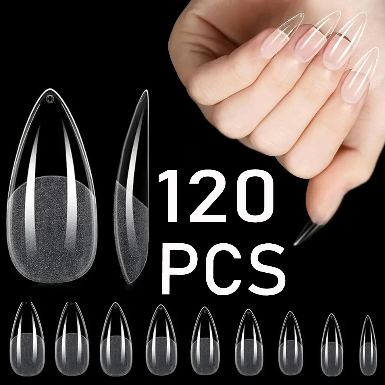 120 Stück Lange Transparente Sargnagelspitzen für Acrylnägel, Nagelstudios und DIY-Nagelkunst, Halbfertiges Produkt mit Klebstoff – Detail 13