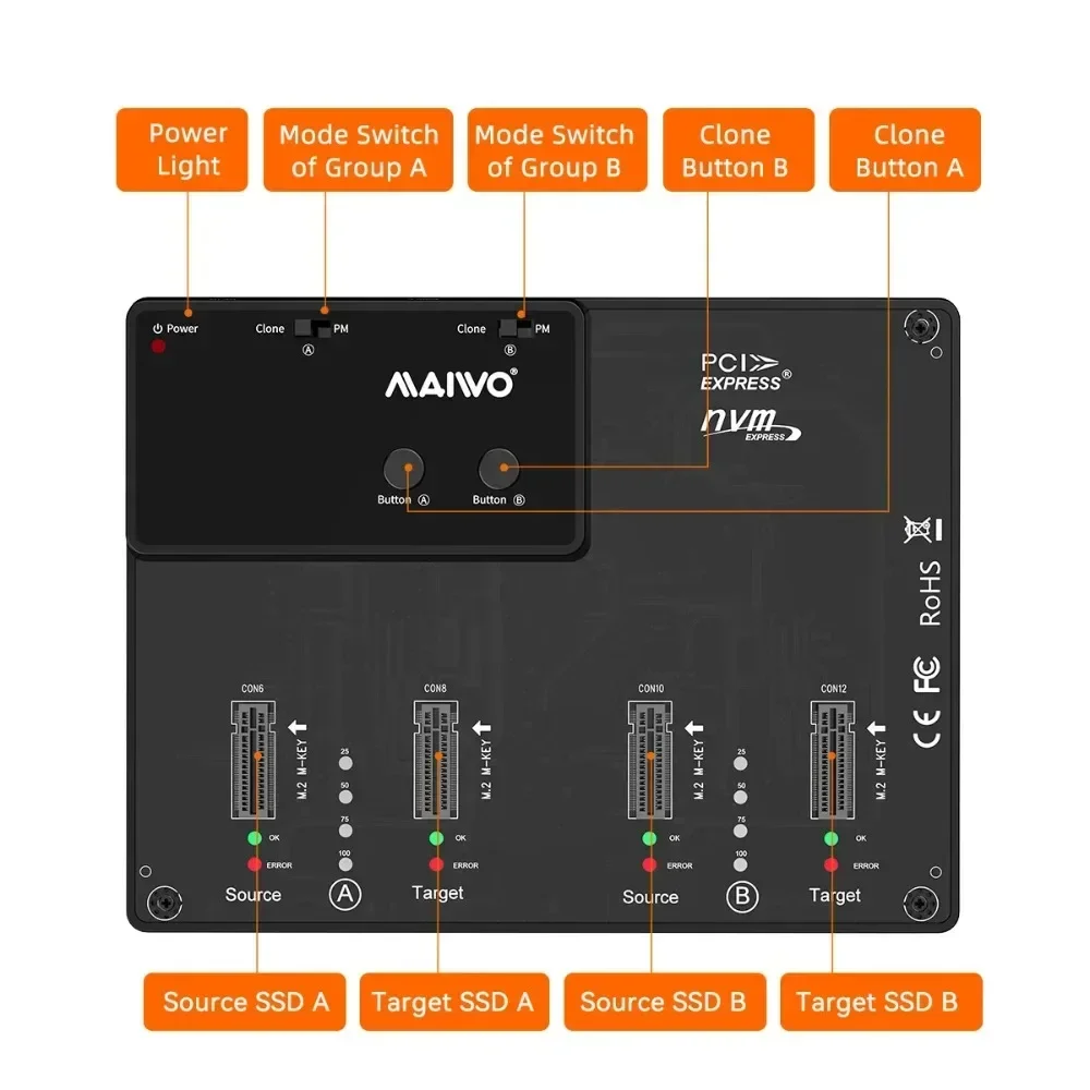 MAIWO M.2 NVMe SSD Enclosure Offline Clone 10Gbps USB 3.1 Gen2 External Case Hard Drive Disk 4 Bay Port Copy Storage Box Copier