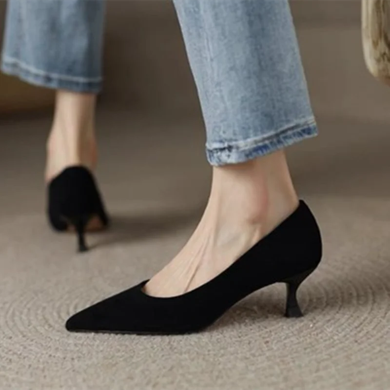 Women Low Price Soft Leather 5cm Thin Heels Pumps Brown Black Elegant OL Office Pointy Toe Slip-On Null Comfortable Shoes 43-34