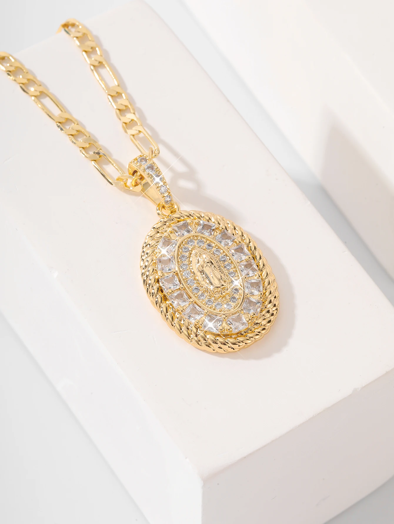 FanSibao woven stripe inlaid zircon Virgin Mary oval pendant necklace beautiful religious jewelry gift