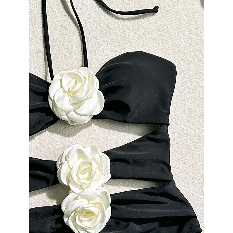 Sexy Black Halter One Piece Swimsuit Women Cutout Monokini with 3D Flower Design Trendy Beachwear for Summer Holiday Vacation