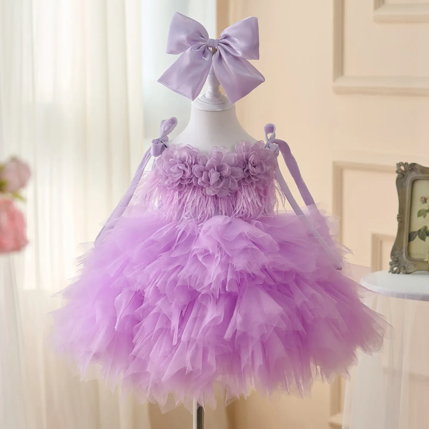 

Kids Mesh Party Dress Tutu Elegant Princess Dress Baby Girls Flower Tassel One Year Old Puff Dress Children Costume For A Girl