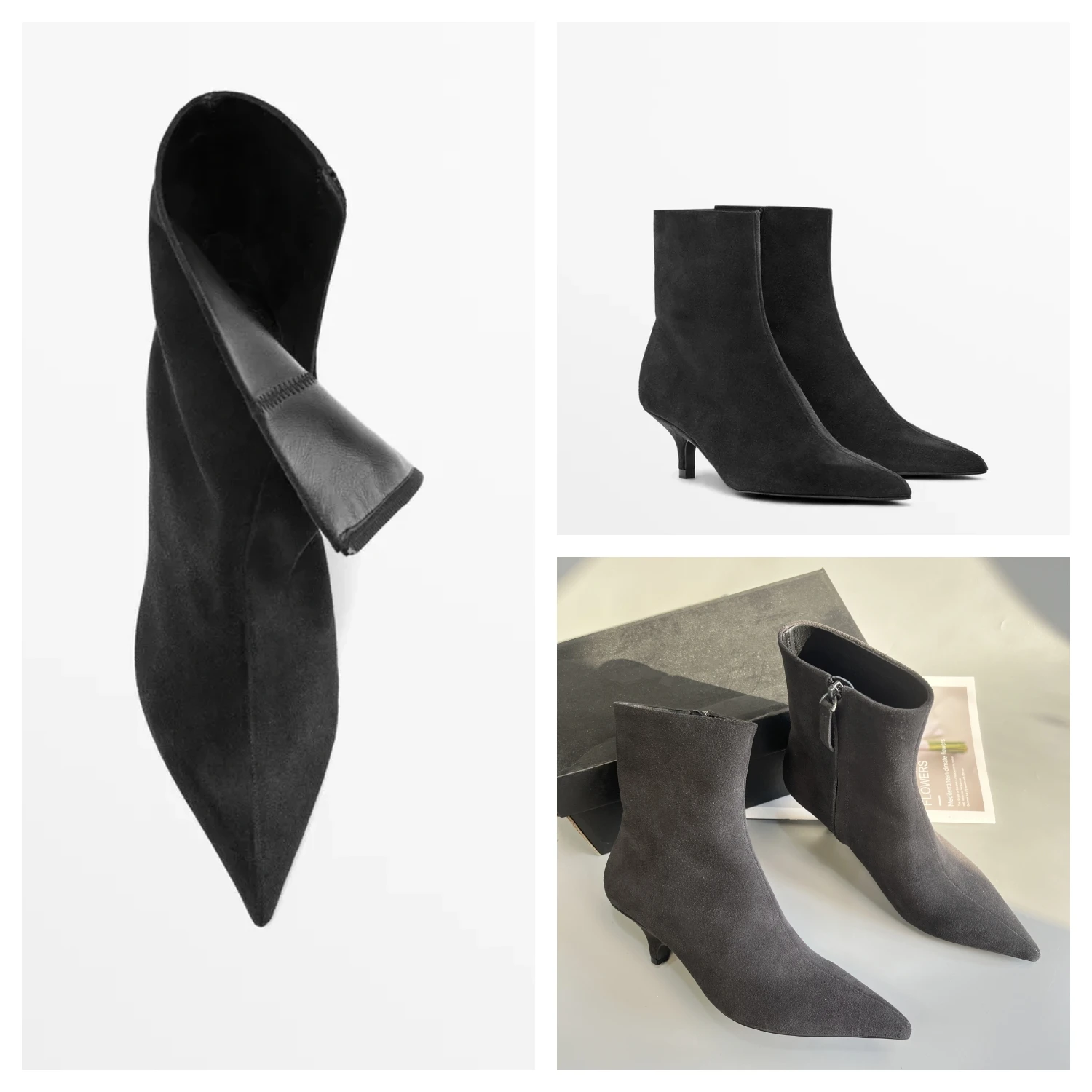 

Женские замшевые ботинки из воловьей кожи с острым носком на низком каблуке и молниями, ботильоны на плоской подошве, универсальные повседневные ботинки премиум-класса для стилистов для поездок на работу