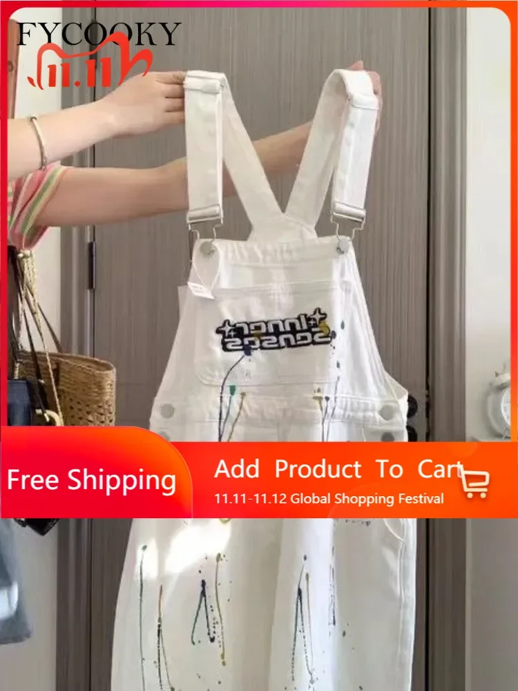 

New 2025 White Denim Overalls for Women with Korean Loose Jumpsuits Pants Baggy Overalls Female