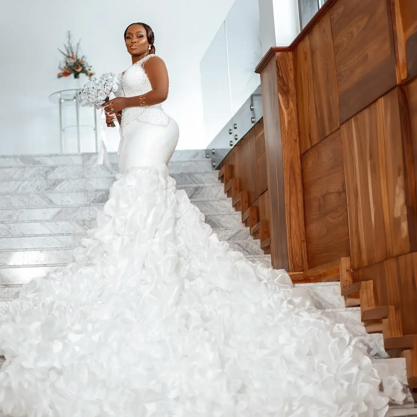 맞춤형 O넥 반짝이는 진주 비즈 인어 웨딩드레스 베스티도스 데 노비아스 긴 소매 플리츠 웨딩 가운 아프리카용