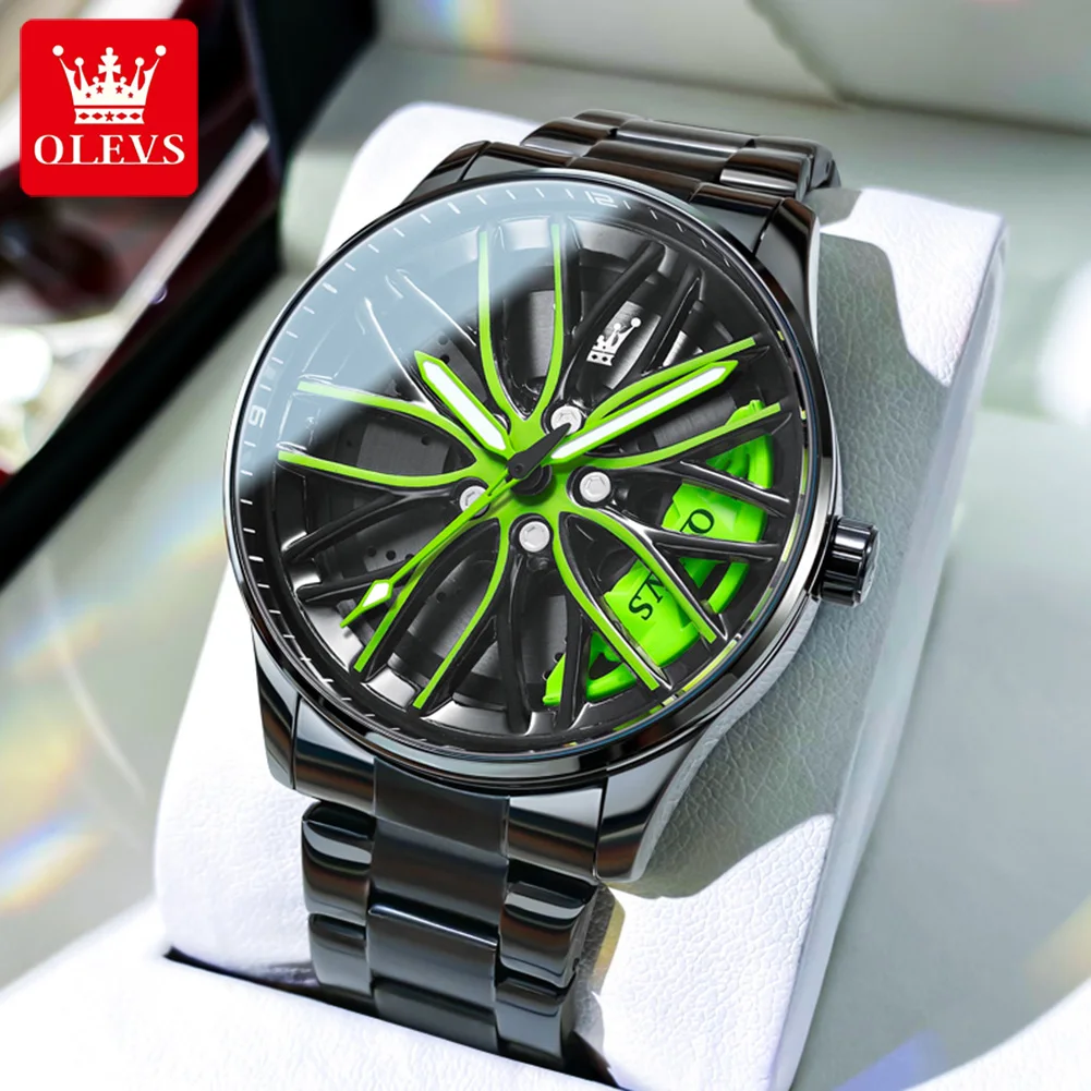 OLEVS 3D Sport Rim Hub Wheel Rotatable Quartz Watches Fashion Creative Car Men\'s Wristwatch Luminous Hands Relogio Masculino