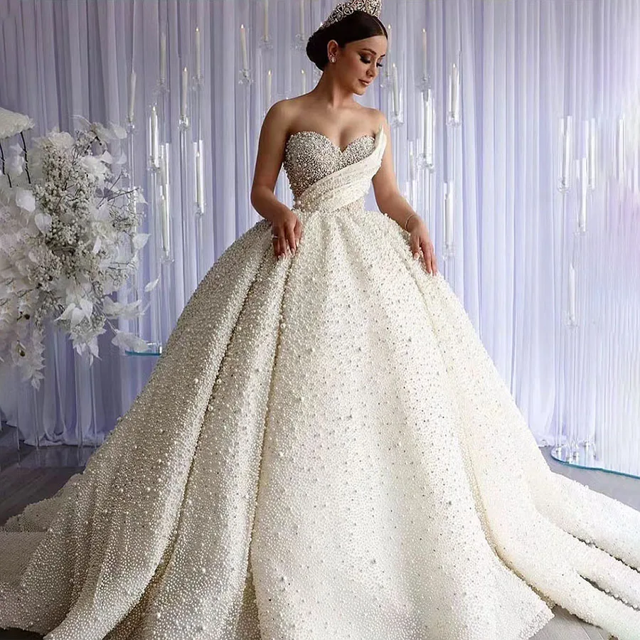 Modern Full Pearls Wedding Dress Dubai Muslim Princess Bridal Dresses Luxury 2025 Vestido De Noiva Plus Size Wedding Gowns