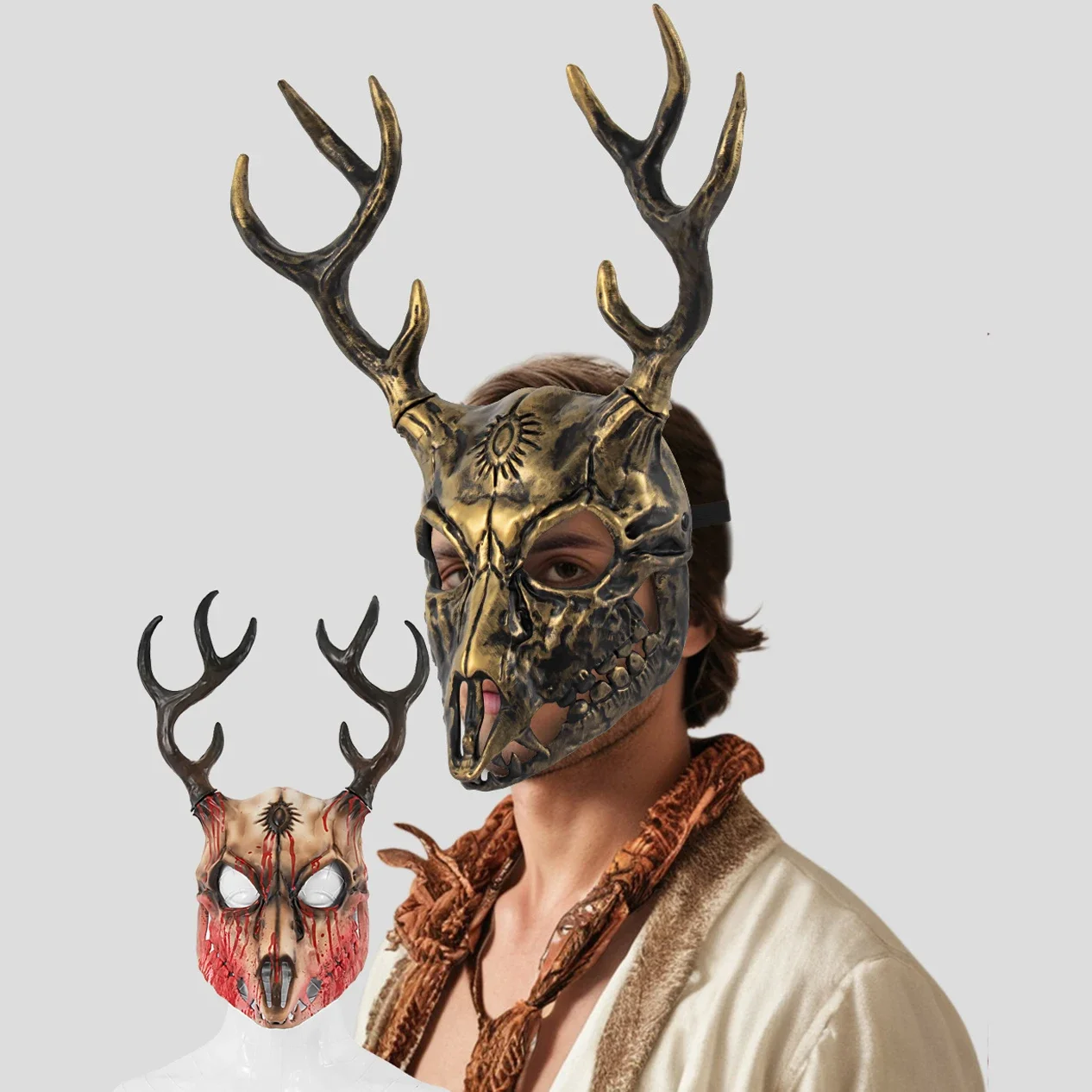 Antlers Masks Cosplay Animal Bighorn Sheep Mule Deer Bone Antler Halloween Party Helmet Scary Stranger Masks Masquerade Props