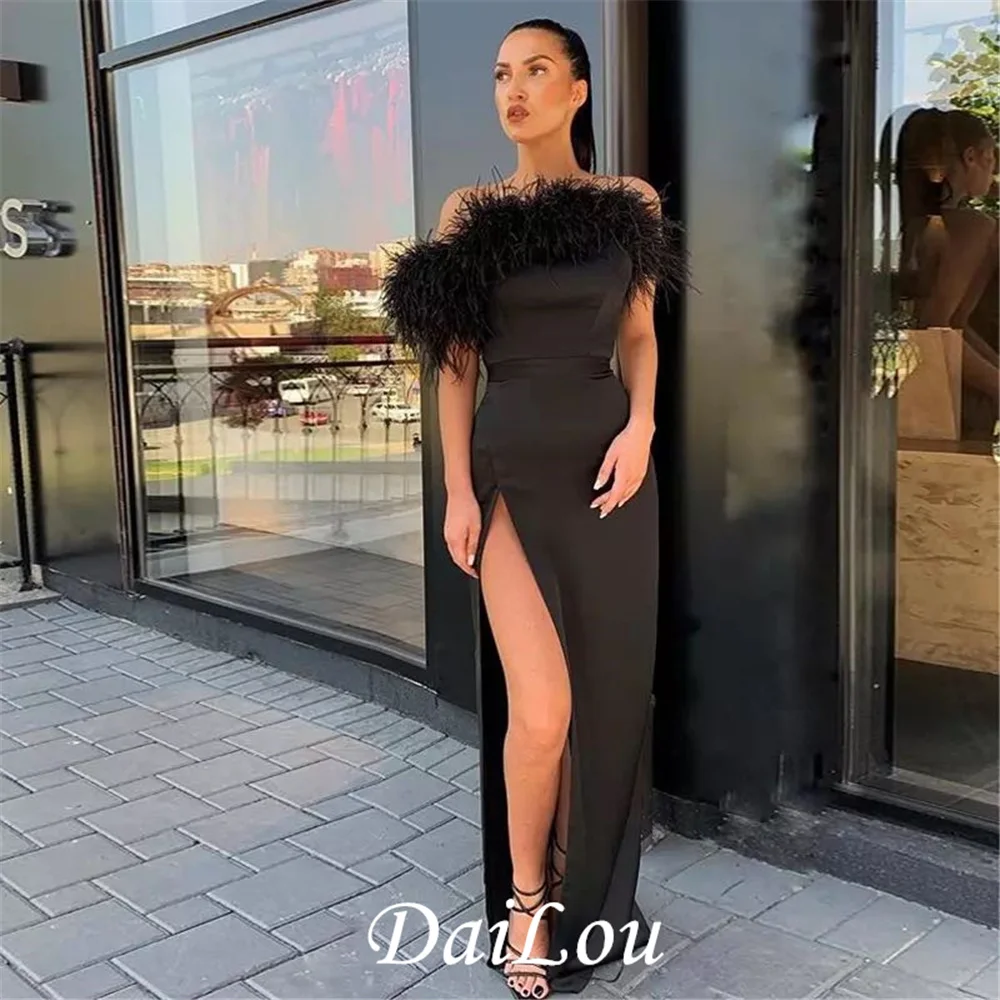 

Sexy Black Evening Dresses Side Split Fur فساتين السهرة One Shoulder Sheath Prom Party Dress Long Formal Gowns Vestido De Festa