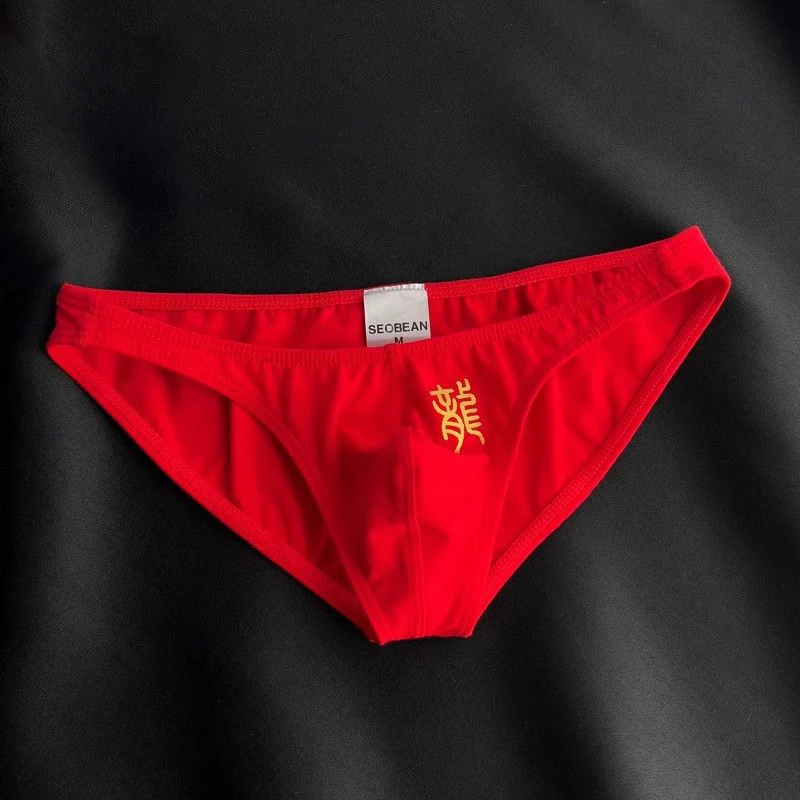 

Мужские хлопковые трусы-бикини с низкой посадкой, праздничного красного цвета, с китайским иероглифом «Дракон», сексуальные, с анатомическим мешочком, Cueca Masculina