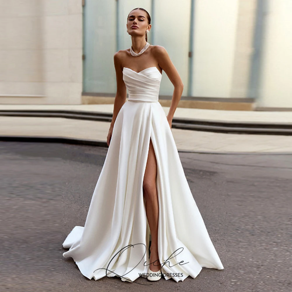 

QICHE Strapless Satin Simple Wedding Dresses Side High Slit Corset Back Bridal Gown Customized A Line Minimalist Wedding Gown