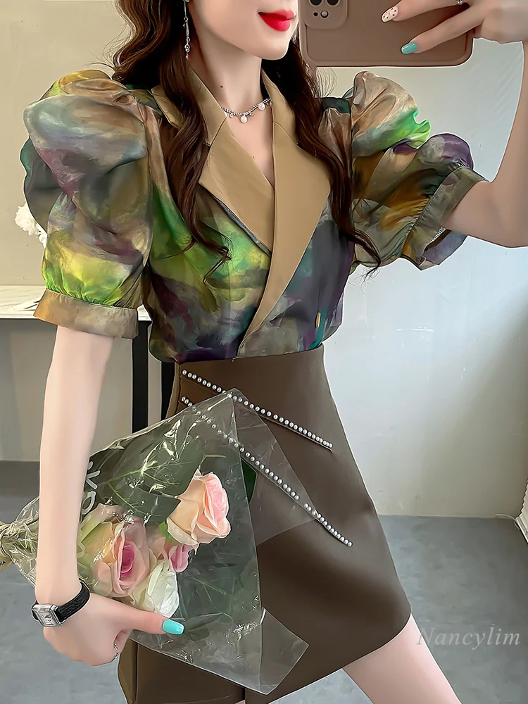 Retro Tie-Dyed Suit Collar Short-Sleeved Blouse for Women Summer 2024 New Puff Sleeve Top Contrast Color Flower Shirt Top