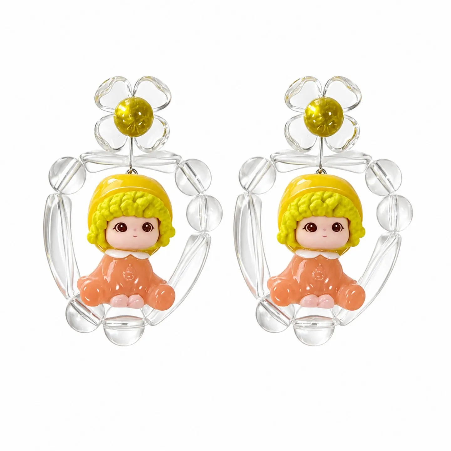 Lovely Cartoon Doll Resin Drop Earrings Transparent Bead Floral Design Hypoallergenic Silver Post Ladies Daily Banquet Ear Acces