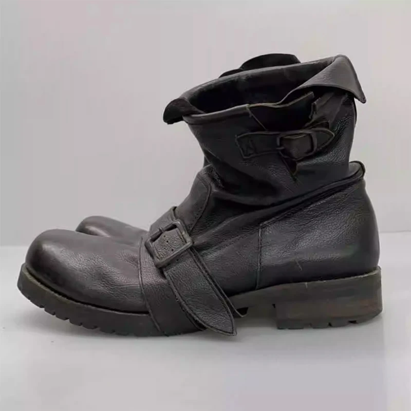 

Men's Black Buckle Straps Ankle Boots 2026 Retro Punk Biker Boots Moto Boots for Men Casual Western Cowboy Boots Gothic Footwear