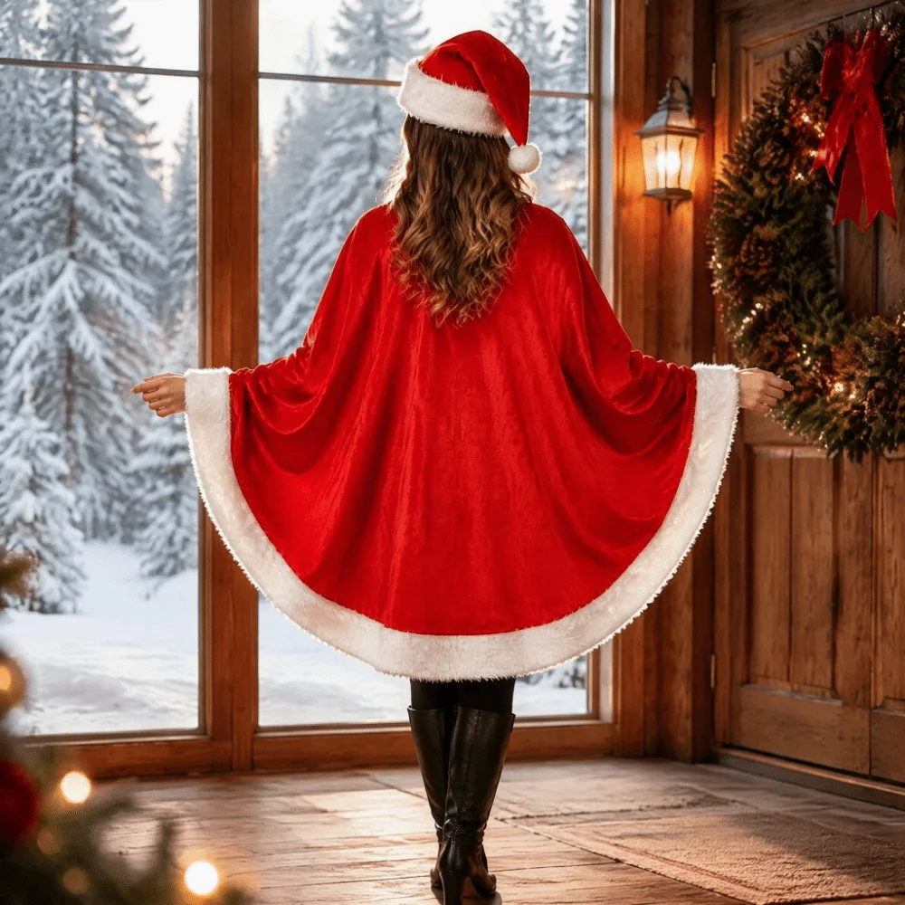 Fashion Polyester Christmas Cloak and Hat Thick Warm Xmas Cape Windproof Shawl Santa Claus Costume Adult