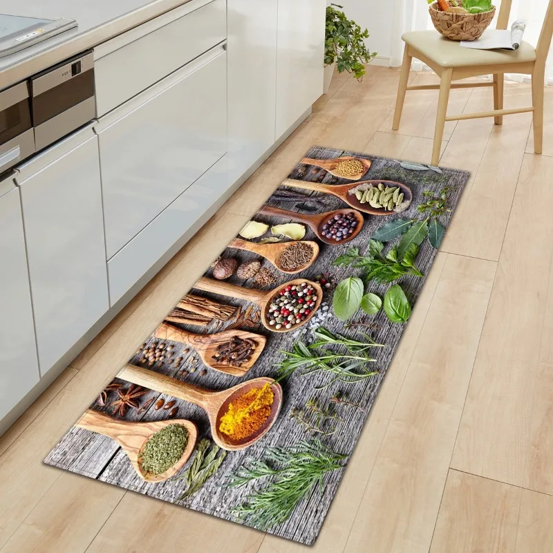Long Kitchen Mat Color Collage Spice Feast Theme Anti Slip Floor Mat Soft Wear Resistant Suitable for Kitchen Decor