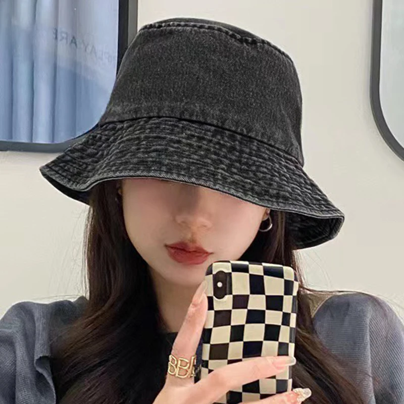 Fashion Denim Washed Bucket Hat Retro Foldable Fisherman Cap Cotton Casual Sun Hat Summer Outdoor Sunscreen Cap for Women Men