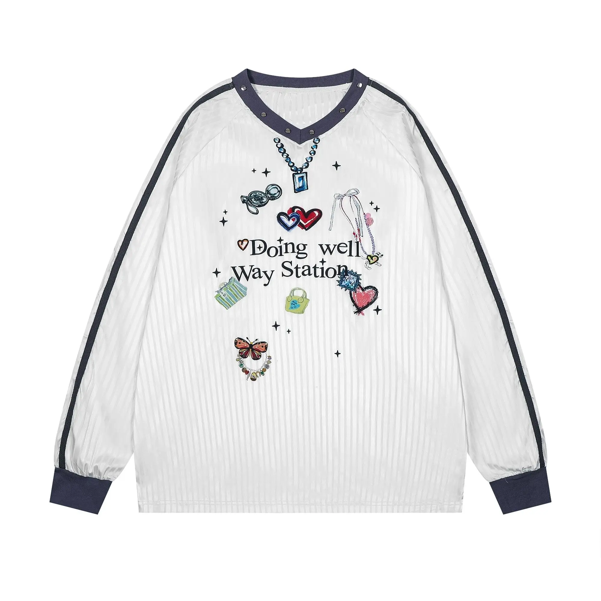 

American interesting graphic print Blokette sports girl style V-neck long-sleeved jersey spliced striped T-shirt top y2k ins emo