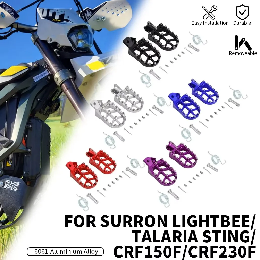 Akcesoria do motocykli Surron CNC, w tym podnóżki i pedały, przeznaczone do modeli Talaria Sting, Sur Ron Lightbee, CRF 150F, 230F oraz rowerów elektrycznych.