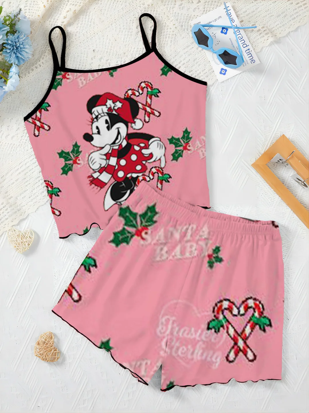 Elegant Women's Sets for Women 2 Pieces Disney Slip Dress Mickey Lettuce Trim Christmas Pajama Skirt Minnie Mouse T-shirt Short