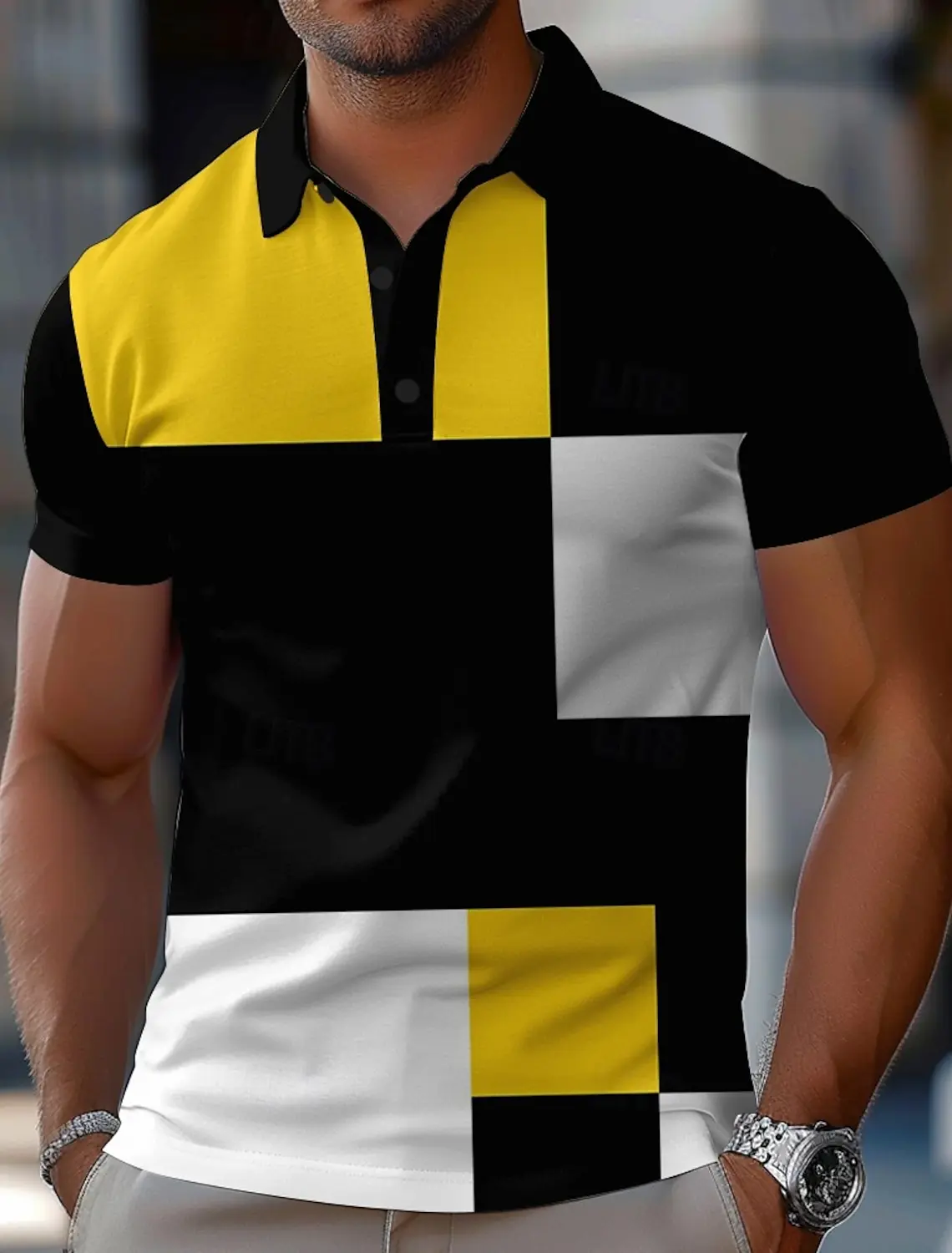 Herren-Poloshirts mit Farbblock-Motiv, kurzärmelig, Hemden mit Kragen, lässig, Schule, Outdoor, Sport, Alltagskleidung, 3D-Druck, Gelb, Rot, Blau