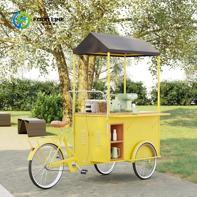 Commercial Tricycle Ice Cream Cart, Yellow Mobile Street Vending Cart with Roof for Outdoor Fast Food Business Customized
