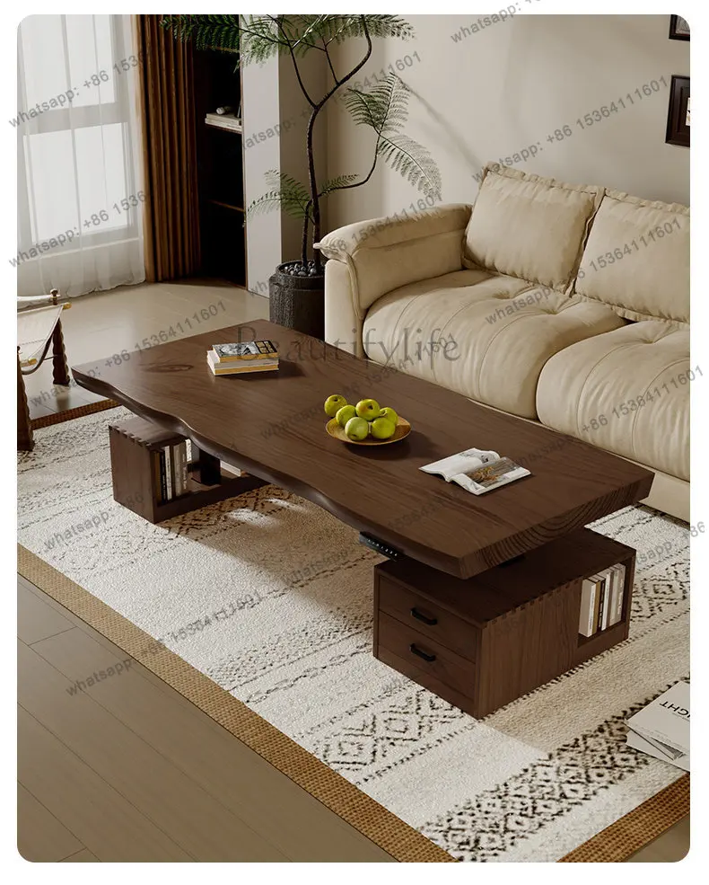 Medieval solid wood lifting coffee table becomes dining table dual-purpose with drawers electrically movable