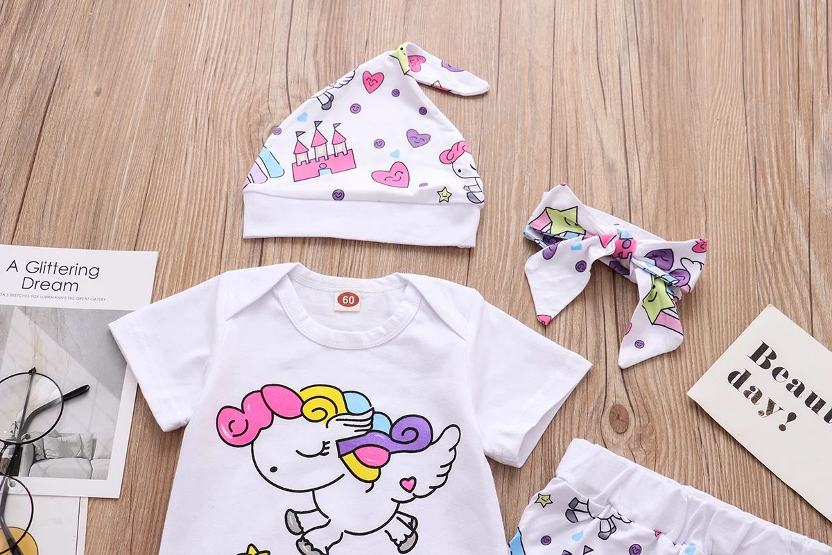 Newborn Infant Baby Girl Clothing 2024 Fashion Rainbow Unicorn Tops+Pegasus Star Castle Pants+Hat+Headband 4 Pieces Sets