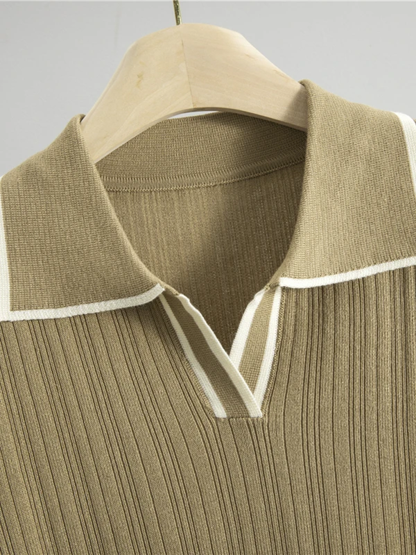 韓国レトロファッションカラーブロックカラーショートスリーブニットトップハイウエストスリムカジュアルワイドレッグパンツツーピースセット