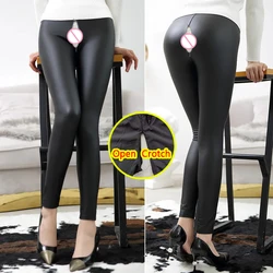 Woman Open Crotch PU Leggings Crotchless Panties Double Hidden Zippers High Rise Red Black Leather Long Pant Outdoor Sex Costume