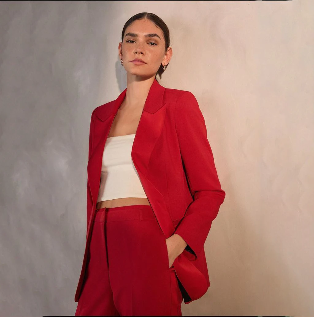 

Red Tailored Single Breasted Tux Suit for Women 2 Piece Set Regular Fit Dress Pants Fashion Suiting for Banquet Party