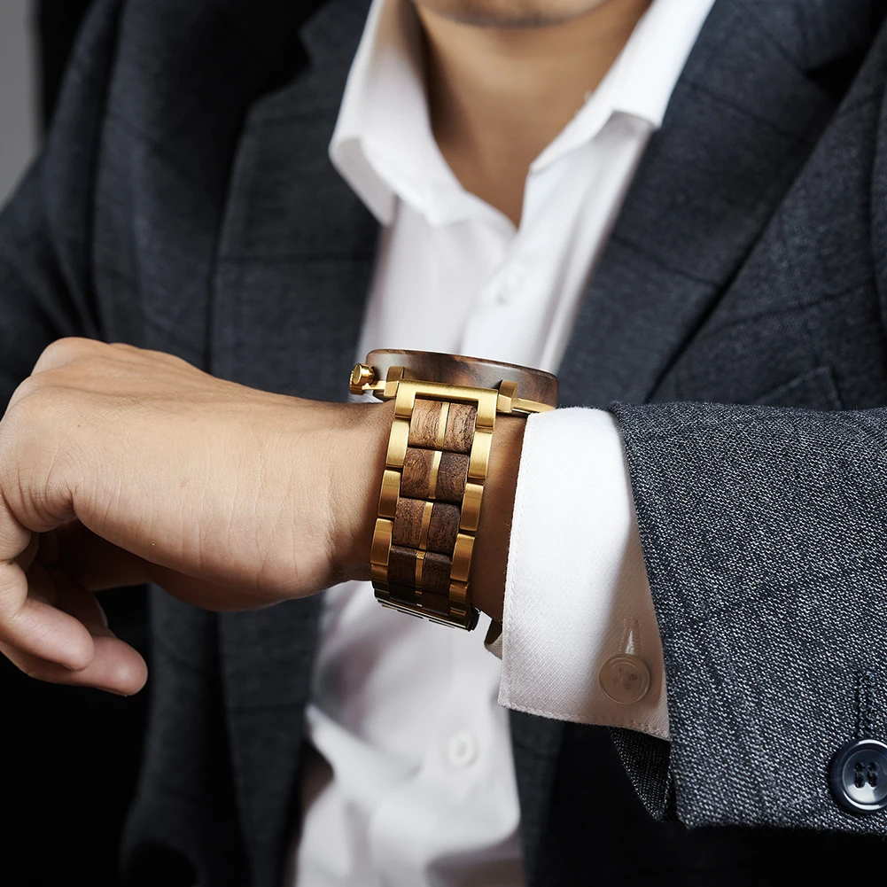 Orologio da uomo in legno di lusso BOBO BIRD Movimento giapponese Nome personalizzato Cassa posteriore Testo Orologio da polso al quarzo Orologio cronografo dorato