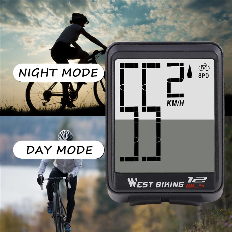 WEST BIKING Wireless Bicycle Computer Large Screen Waterproof LCD Backlight Bike Computer Odometer Cycling Stopwatch Speedometer