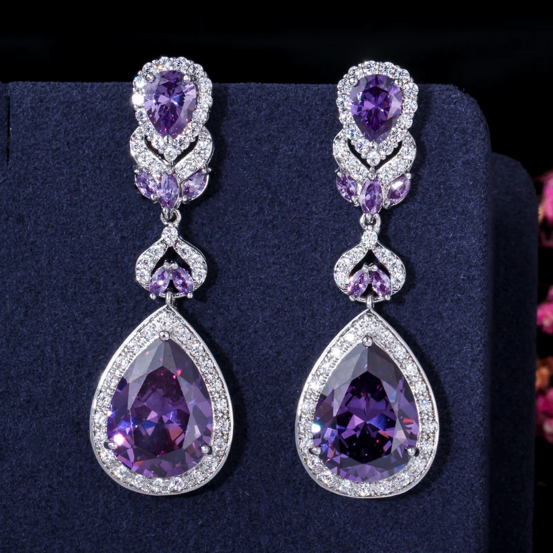 

ThreeGraces Luxury Design White Gold Color Purple Cubic Zirconia Crystal Women Long Drop Earrings For Wedding Jewelry ER022